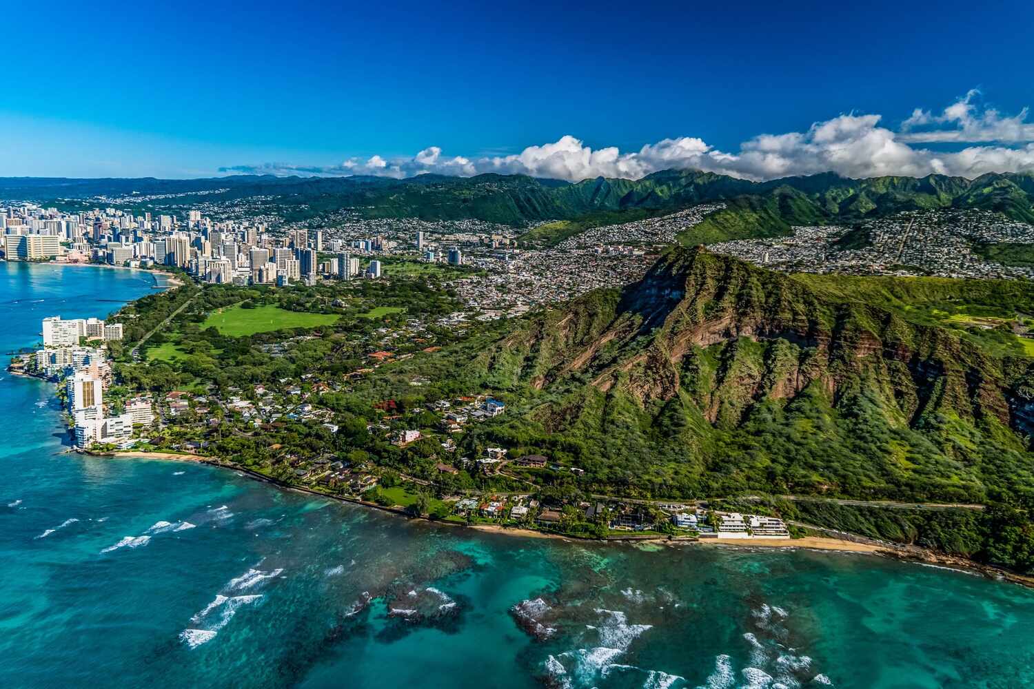 Views over Diamond Head in Hawaii from a helicopter